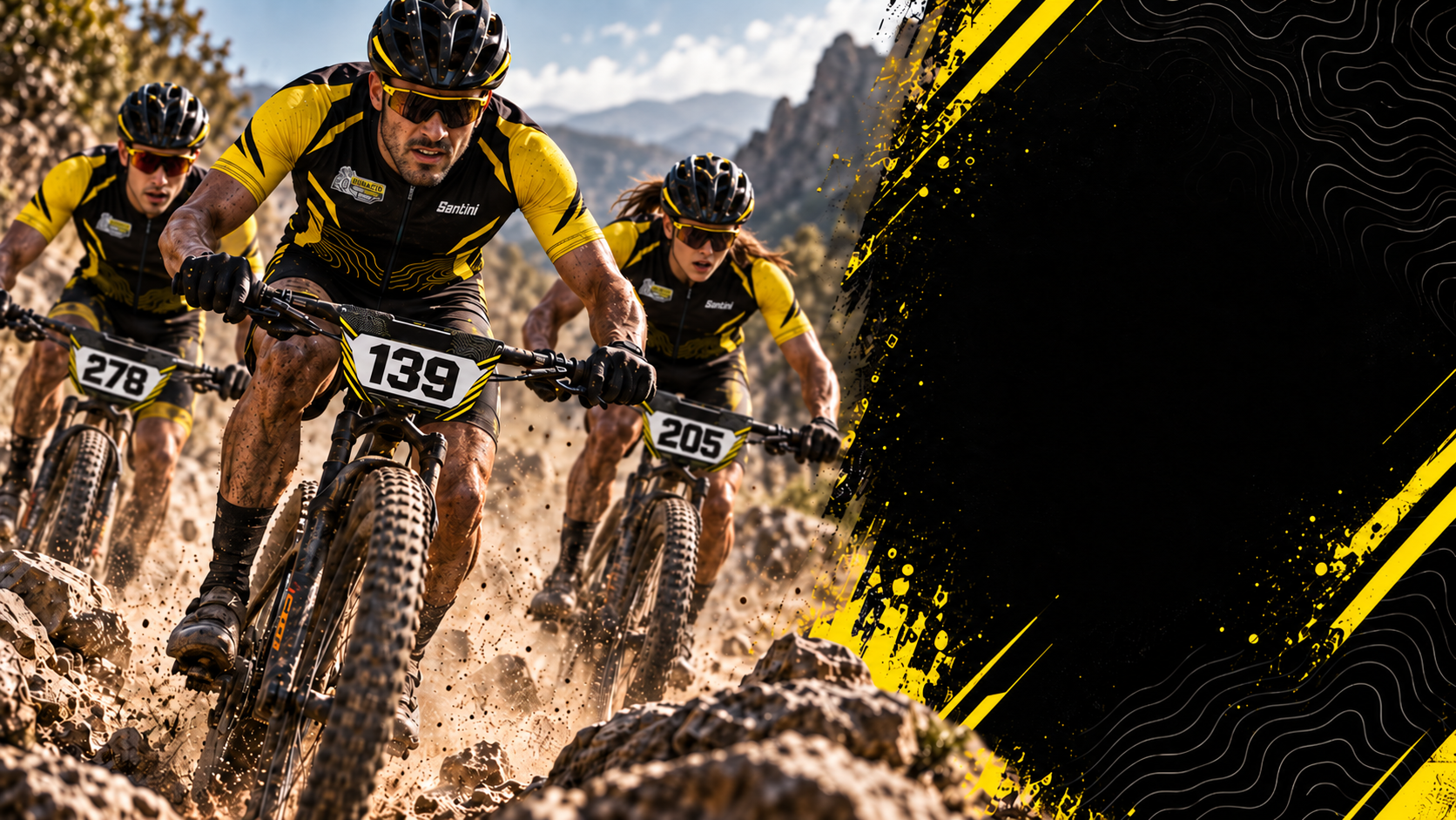 Composición de tres corredores de MTB con el maillot amarillo y negro del Desafío OpenSports